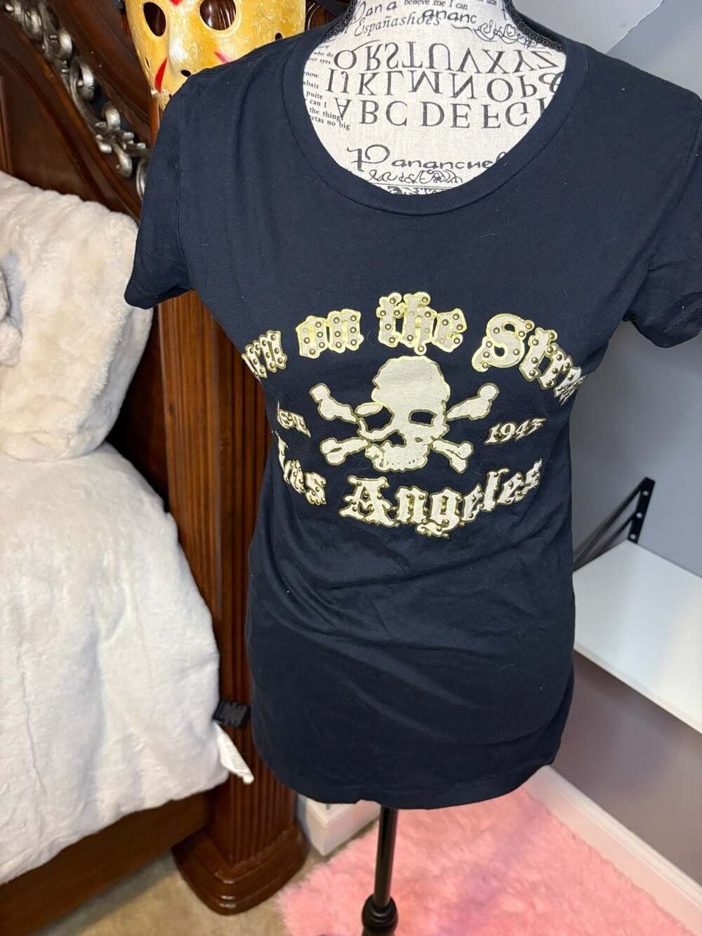 Y2K Smet by Christian Audigier Los Angeles Gold Studded Skull T-Shirt